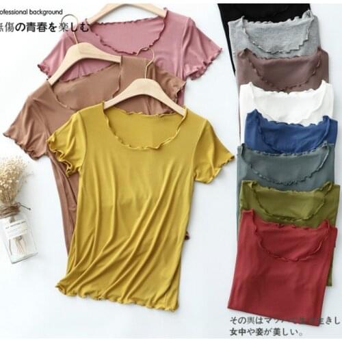 High Stretch Rib Cotton Casual Slim Basic Short Sleeve Women T Shirt Seamless Tops Ruffle Women T-Shirt Under Shirt Plus Size