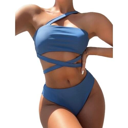 Women Sportswear 1Piece Bikini with Slanted Shoulders Cross Strap Decoration High Waist Version Summer Clothing Swimwear