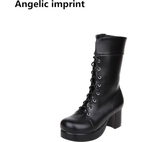 Angelic imprint mori girl Women punk motorcycle boots lady lolita Boots woman high heels pumps platform shoes lacework 33-47