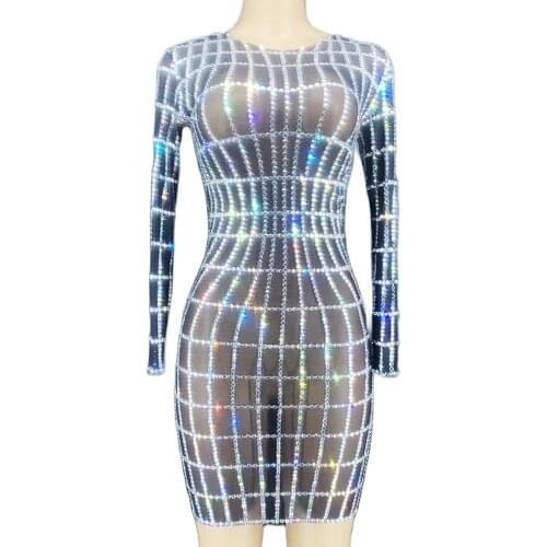 Led Light Accessories Inlaid Diamonds Black Mesh Perspective Women Dresses Long Sleeve Short Dresses Bar Singer Stage Wear