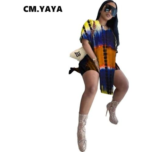 CM.YAYA Women Set Print Short Sleeve Split Long T-shirt Strechy Shorts Two Piece Sets Active Tracksuit Sweatsuit Summer Outfits