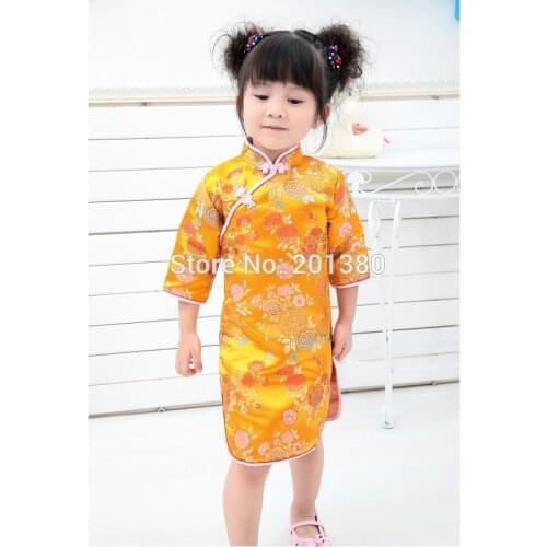Gold Girl Summer Dress Fashion Children clothes Traditional Chinese Cheongsams Qipao Girls One-Piece Dress
