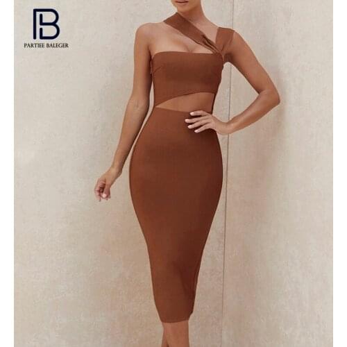 PB Chic One Shoulder Midi Dress Sexy Waist Hollow Out Design Celebrity Party Club Bandage Vestido Free Shipping