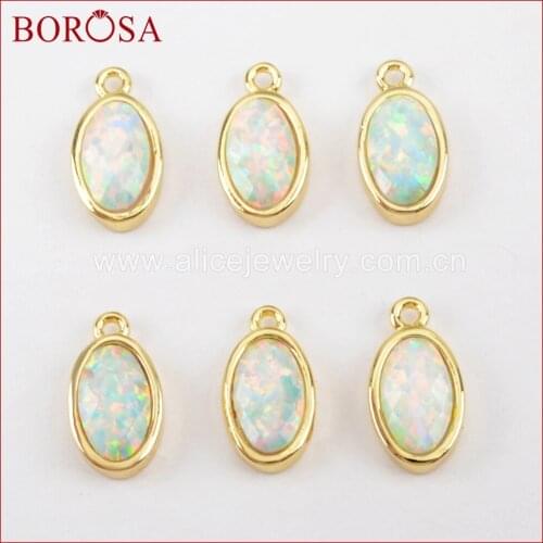 BOROSA 10pcs Oval Shape Gold Color Bezel White Opal Japanese Opal Faceted Charms Manmade Opal Charms for Pendant Necklace ZG0304