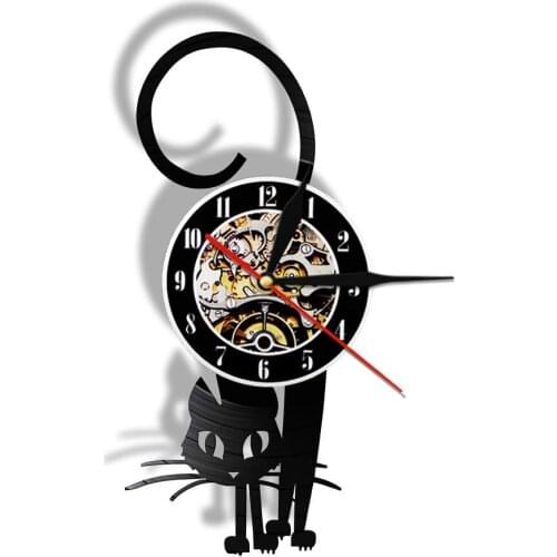 Black Cat Vinyl Record Wall Clock Modern Kitten Animals Retro Handmade Wall Hanging Clocks Watch Home Decor Gift For Cat Lover
