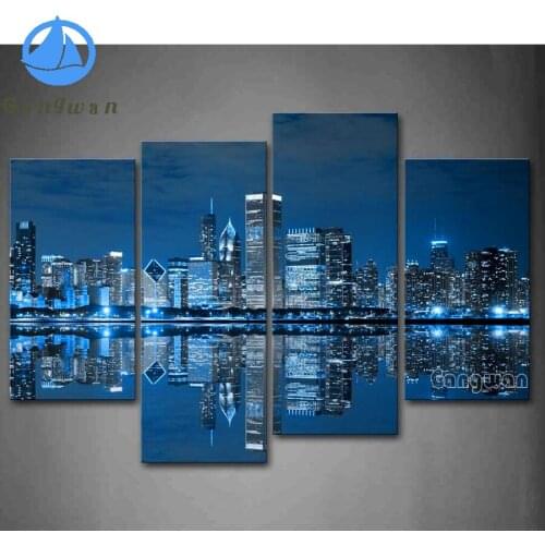 Chicago skyline,blue city modern decoration picture 5d diy diamond painting embroidery full round mosaic inlaid pattern,4 pcs