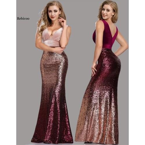 Women Wine Red Evening Dresses Long V Neck Sequin Velour Party Dresses Evening Elegant Sexy Backless Mermaid Prom Gown