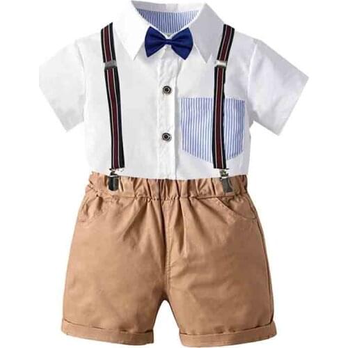 Summer Fashion Toddler Boys Gentleman Clothing Sets Short Sleeve Bowtie Shirt+Suspender Shorts Outfit Childrens Clothes