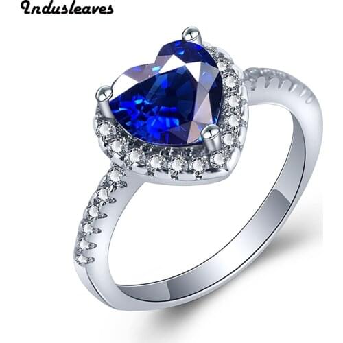 Indusleaves Fashion Jewelry New Ring for Women Female Heart Shape LOVE Blue Cubic Zirconia Rings Party Gift