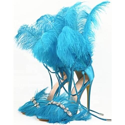 Fashion Feather Decor Women High Heel Sandals Crystal Rhinestone Tassel Pumps T-stage Party Shoes