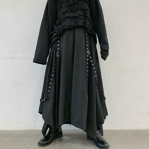 Mens Gothic Wide Leg Baggy Bondage Pants Kendo Style Chain Strap Trousers Black