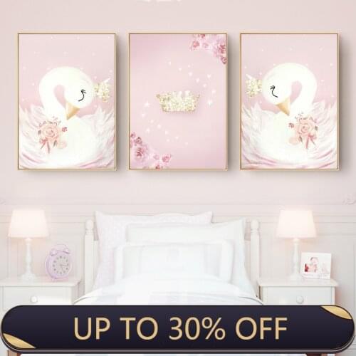 Baby Girl Nursery Wall Art Canvas Painting Pink Swan Cartoon Posters Nordic Kids Decoration Pictures Children Bedroom Decor