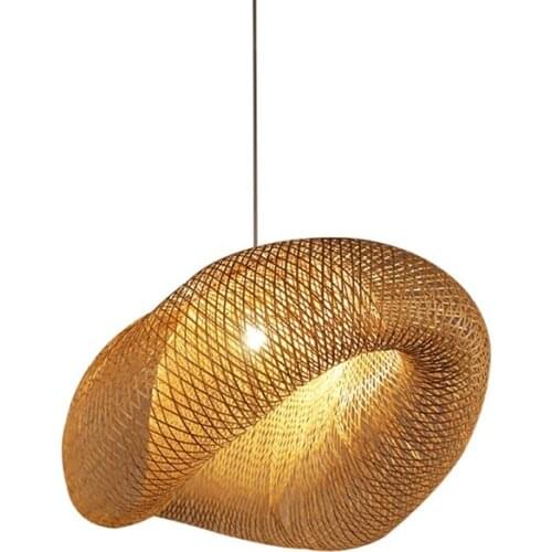 Handmade Bamboo Wicker Pendant Light Japanese-Style Suspension Home Interior Rattan Wave Shade Hang Lamp for Dining Table Room