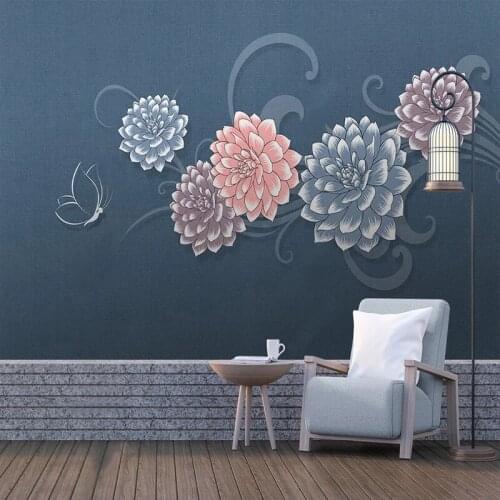 Custom Mural Wallpaper Modern Fashion Flower Butterfly Navy Background Wall Decorative Painting 3D Hand-painted Photo Any Size