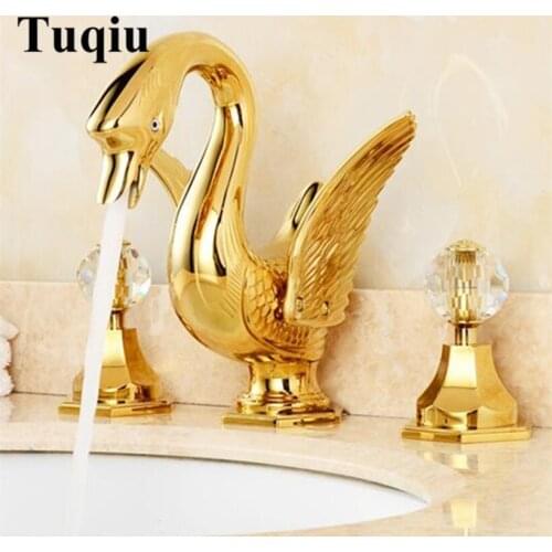 Luxury bathroom faucet solid brass construction swan hot and cold gold finish 8' widespread basin faucet bathroom sink tap