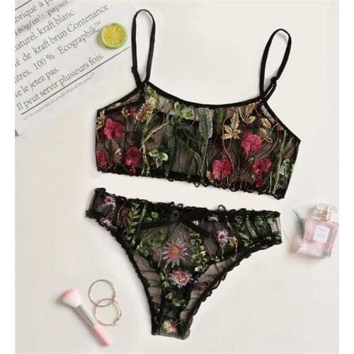 Sexy Lingerie Set Floral Embroidered Sheer Mesh Bra + Panties 2 Piece Nightwear Set Womens Honeymoon Exotic Sets 2020 New