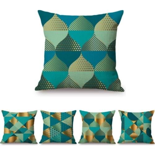 Modern Green Gold Geomtric Pattern Home Decorative Sofa Throw Pillow Case Cotton Linen Car Office Chair Seat Cushion Cover Case