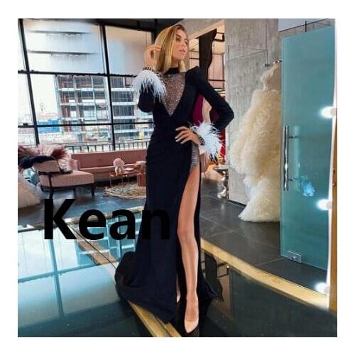 Full Sleeves Deep V High Slit Evening Dress Special Occasion Dress Islamic Dubai Kaftan Saudi Arabic Prom Dress
