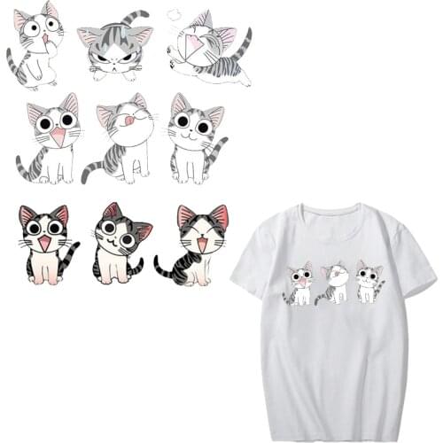 Cartoon Cat Patch Heat Transfer Vinyl Washable Stickers for Kids Clothing DIY T-shirt Applique Iron-on Transfers Thermal Press