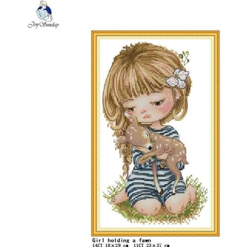 Girl holding a fawn printed cross stitch 14CT 11CT canvas embroidery material kit DIY needlework sewing home decoration painting
