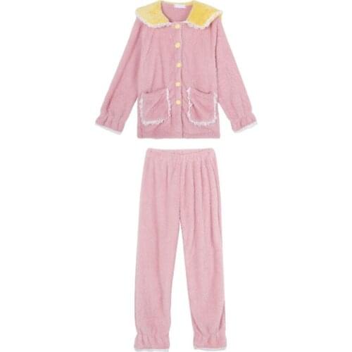 VSUE Women Pink Blue Winter Pajamas Set Women Sleepwear Coral Velvet Patchwork Lace Pocket Button Homewear Home Suit A0011