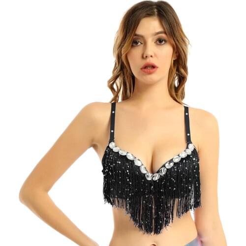 Halter Top Bra Women Belly Dance Costume Sequin Tassel Temptation Performance Top Belly Dance Latin Sequin Rave Dance Crop Tops