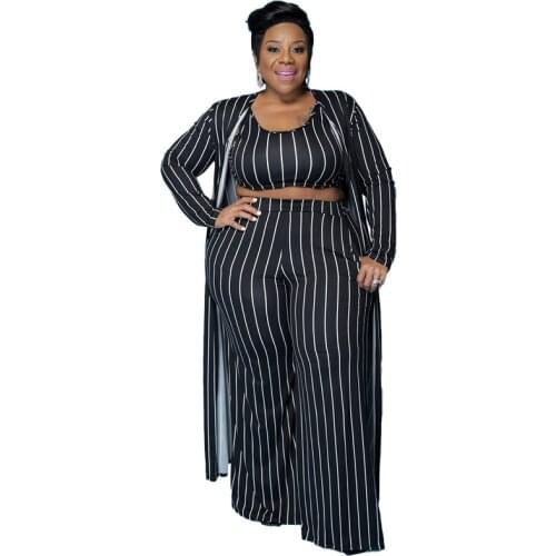 4XL 3XL Plus Size Womens Clothing 3 Piece Set Stripe Print Bodycon Tops Long Coat And Pants Big Size 3XL Matching Sets
