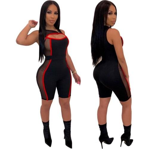 2020 Spring Bodysuit Women Slim Fit Playsuit Sheer Mesh Color Patchwork Hollow Out Sleeveless Short Rompers Womens Jumpsuit