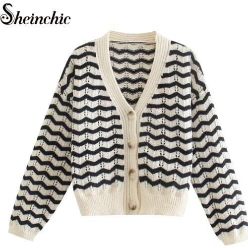 Korean Fashion V-neck Striped Sweaters Women Knitted Cardigan Long Sleeve Top Mujer 2021 Sweet Sweater Femme