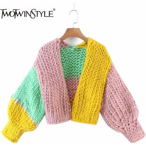 TWOTWINSTYLE Casual Colorblock Cropped Sweater Female V Neck Bishop Long Sleeve Korean Fashion Loose Cardigan For Women 2021 New