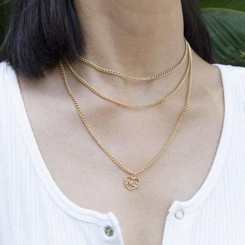 Vintage Multilayer Chains Necklace Simple Temperament Love Heart Pendant Necklace Women Geometric Clavicle Necklace Jewelry