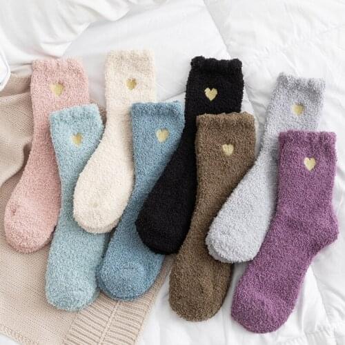 1 Pair Winter Warm Women Coral Fleece Mid Socks Thicken Thermal Cold Resistance Love Print Soft Ladies Floor Sleeping Sox