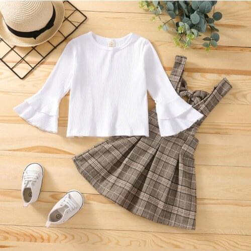 2Pcs Kids Girls Fall Spring Clothes Outfits Set Long Bell Sleeve Rib Knited Cotton Tops Plaid Suspender Skirt Childrens Sets