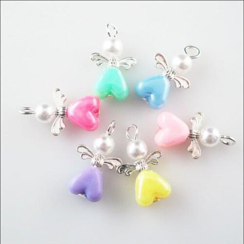 24 New Angel Charms Silver Plated Wings Mixed Acrylic Heart Pendants 13.5x23mm