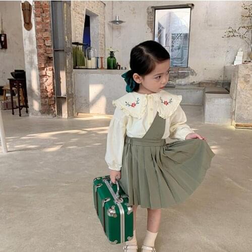 Wholesale 2021 New Baby Girls Cute Sets, Cream Embroidery Blouse + Slingle Shoulder Dress 5 sets/lot