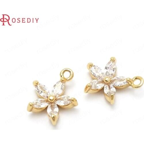 37129)6PCS 11x9MM 24K Gold Color Brass and Zircon Flower Charms Pendants High Quality Jewelry Making Supplies Diy Accessories