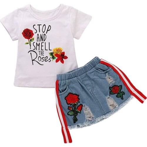 Girls O-Neck Short Sleeve White Tops +Blue Jeans Skirts 2PCS Clothing Sets Casual Fashion Baby Girl Casual Summer Sets