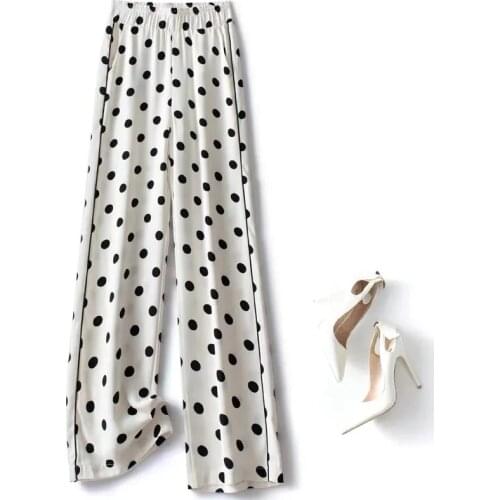 Wave point pants Women Loose Summer Pants Soft Ice Silk Ankle-Length Black Wide Leg Pants Grey Khaki Women High Waisted Trousers