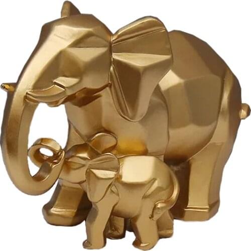 GEOMETRIC GOLD ELEPHANT FIGURINES RESIN ANIMALS STATUE LIVING ROOM HOME DECORATION FENG SHUI MOTHER AND CHILD ORNAMENT R2441
