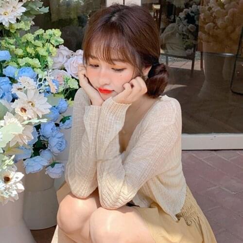 Ultra-thin Ice Silk Solid Casual Cardigan Female Summer Waves Outside The Sun Taps V-Neck Short Knitting Women Top