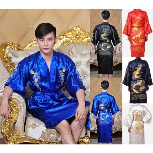 Chinese Silk Dragon Man Pajamas Male Satin Bathrobe 5 Color Adult Nightgown At Home for Sleepwear Chinese Traditional Costume 89