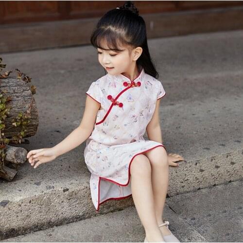 2021 summer retro butterfly children cheongsam dress Chinese style Hanfu girl dress new