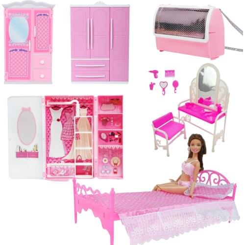 Dollhouse Furniture Pink High Quality Wardrobe Bed Pillow Dressing Table Bedroom Dress up Accessories for Barbie Doll Kids Toy