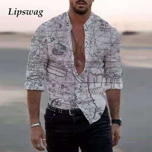 2021 Spring Autumn Mens Casual Shirts Vintage Map Printed Long Sleeve Slim Tops For Men Turn-down Collar Buttoned Shirt Fashion