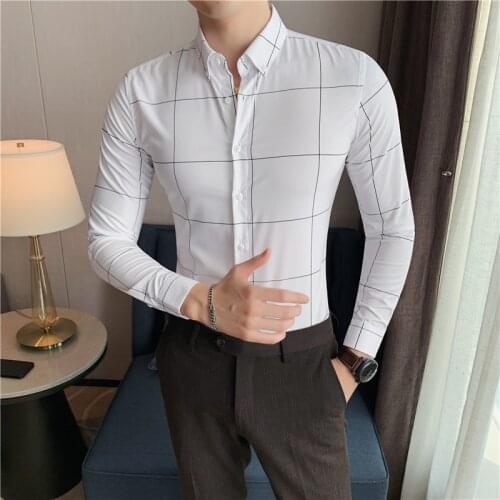 Plus Size 4XL-M Autumn New Long Sleeve Plaid Shirt Men Clothing 2021 Simple Slim Fit Business Casual Formal Wear Chemise Homme