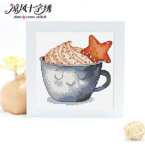 Cappuccino cross stitch kit DMC brand thread animal dog count canvas fabric embroidery handmade needlework