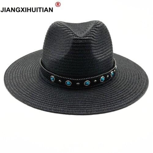 New Summer British gem Belt beading flat brimmed straw hat Shading sun hat Lady fashion beach hat men Jazz hat