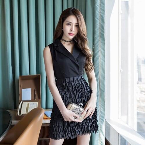 Simple Summer Korean New Women Product Notched Collar Sleeveless High Waist Stitching Dress Capable Balck Slim Mini Dress Female