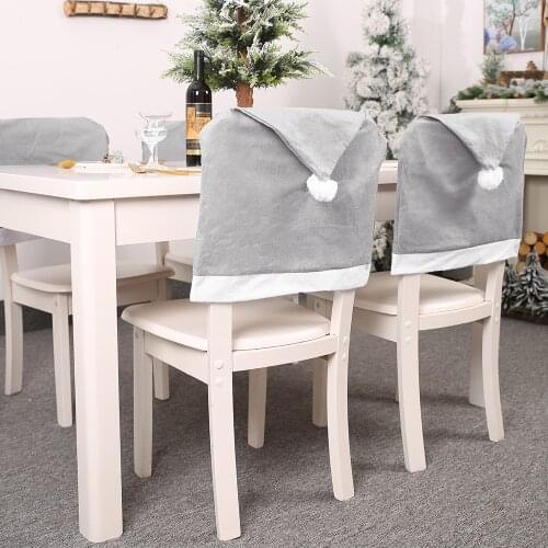 Christmas Season Non-Woven Chair Cover Restaurant Cloth Gray Hat With Ball Back Chair Cover Christmas Decoration New Year Party