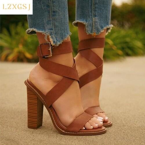 Womens Fashion Cross Tied Sandal 2021 New High Heels Ankle-strap Peep Toe Buckle Strap Summer Women Sandals Girl Streetwear